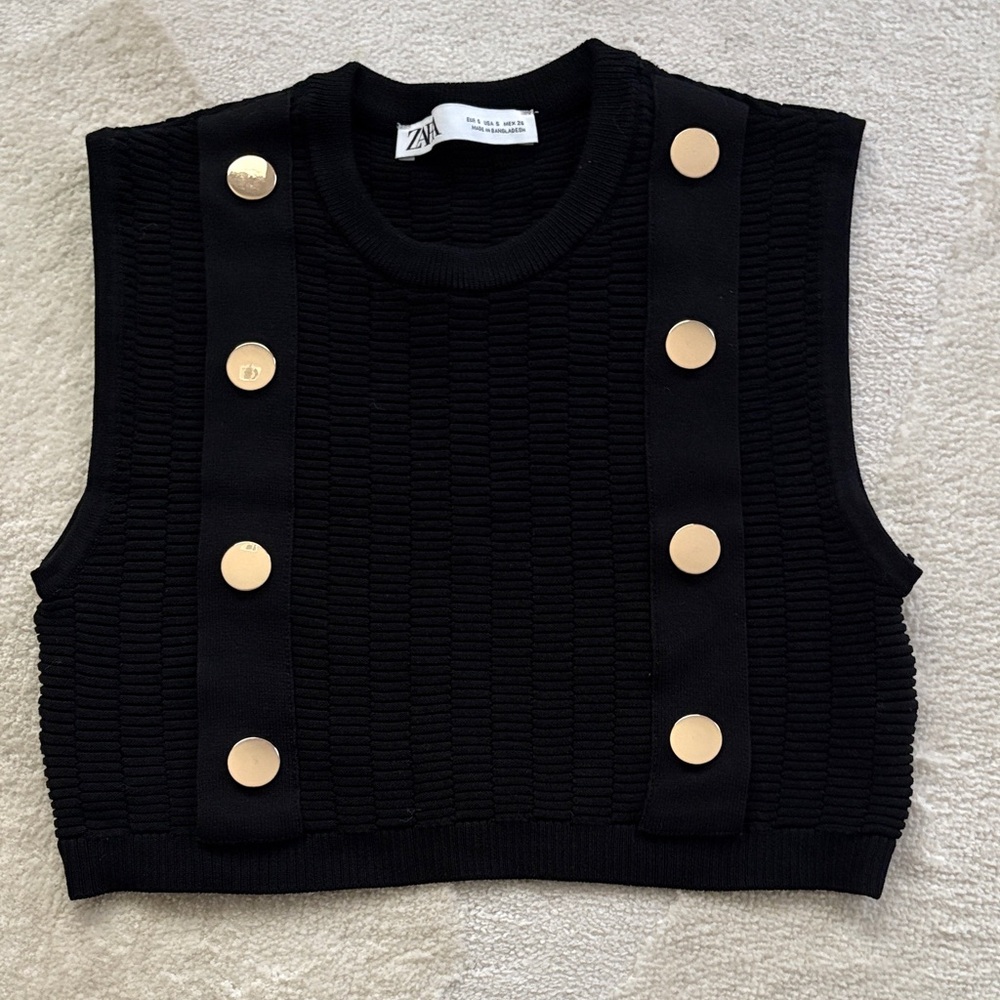 Zara Black Textured Crop Top with Gold Accents